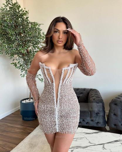 Gorgeous V-Neck Sleeveless Sexy Beaded Prom Dress with Front Slit