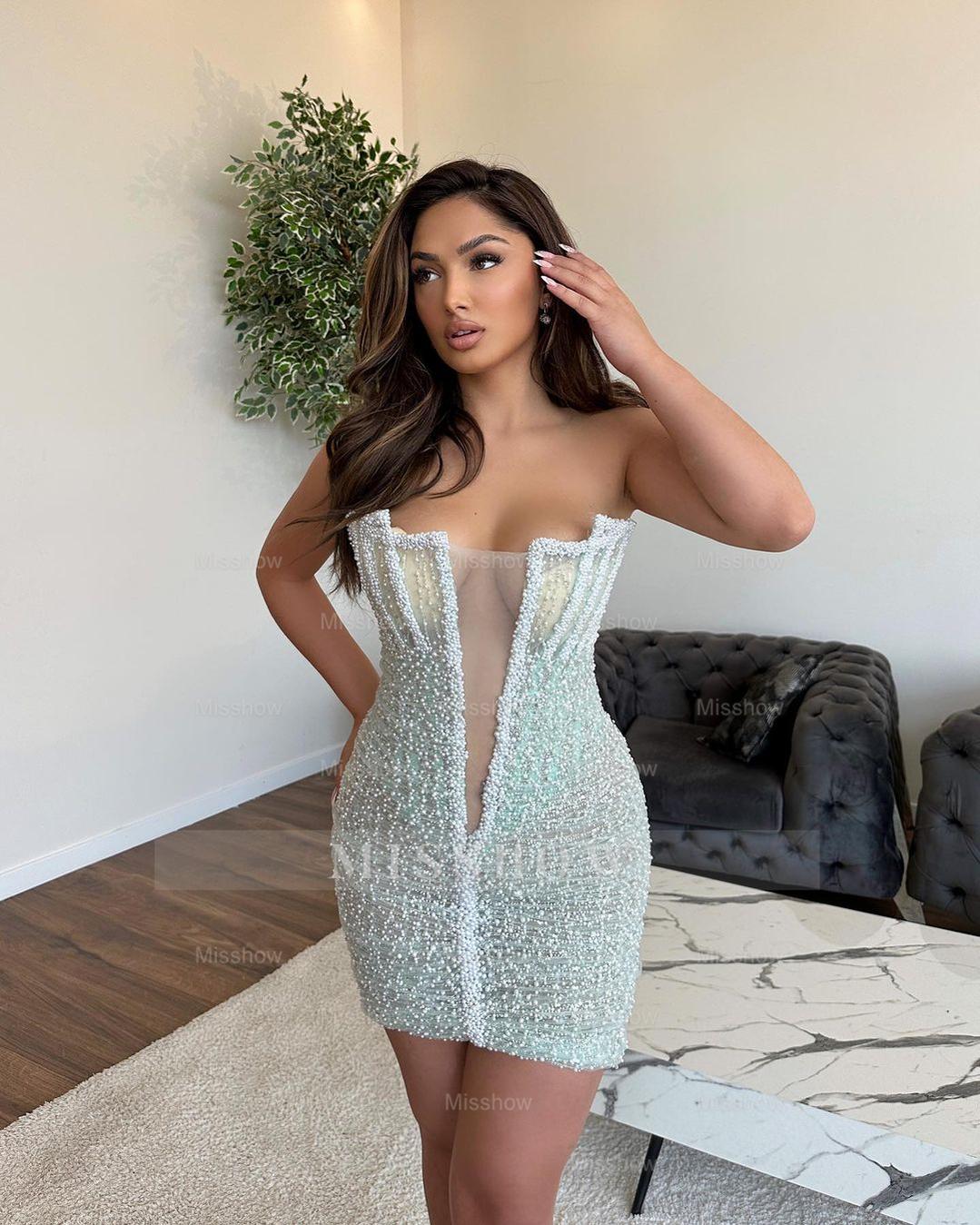 Gorgeous V-Neck Sleeveless Sexy Beaded Prom Dress with Front Slit