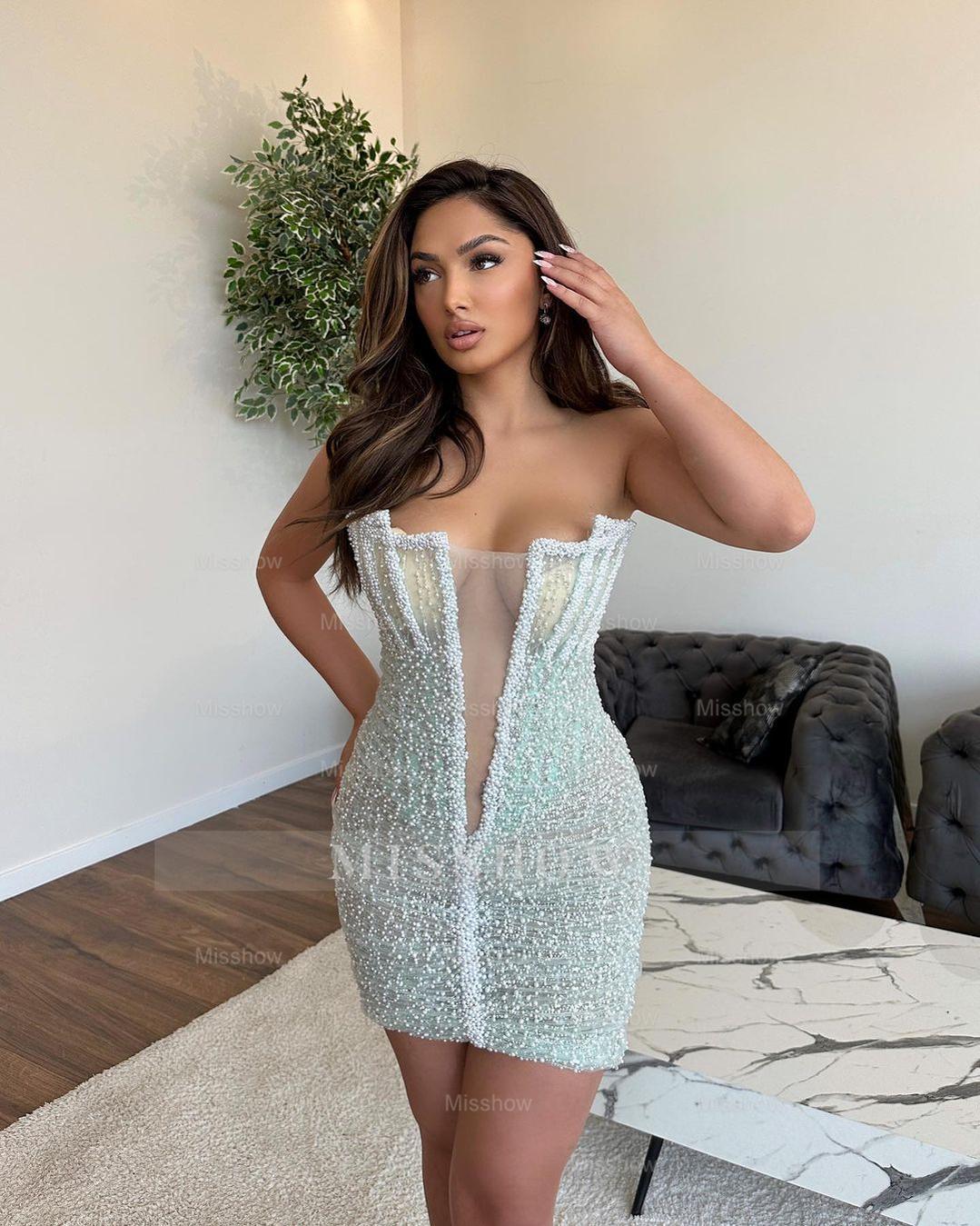 Gorgeous V-Neck Sleeveless Sexy Beaded Prom Dress with Front Slit