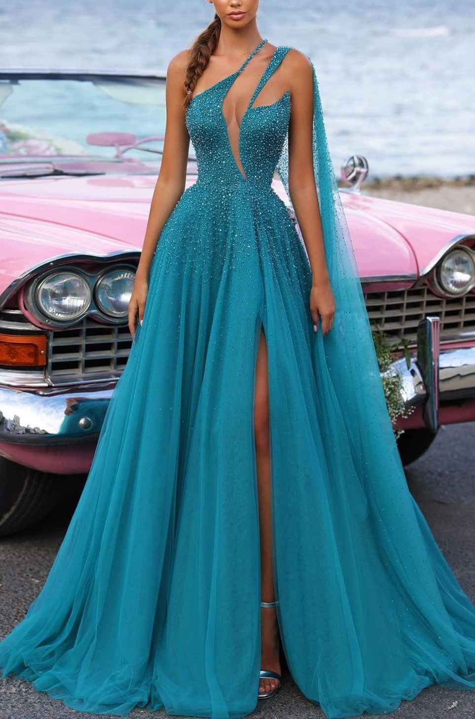 Heavy Tulle One Shoulder Formal Dress Green Sequins With Trail High Slit