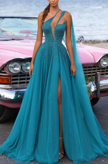Heavy Tulle One Shoulder Formal Dress Green Sequins With Trail High Slit