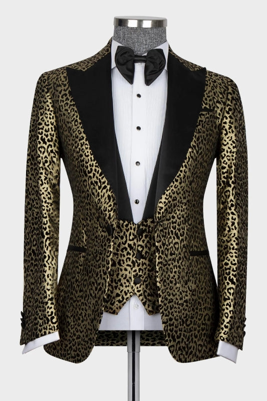 Chic Gold Jacquard Peaked Lapel Three-Piece Prom Ensemble
