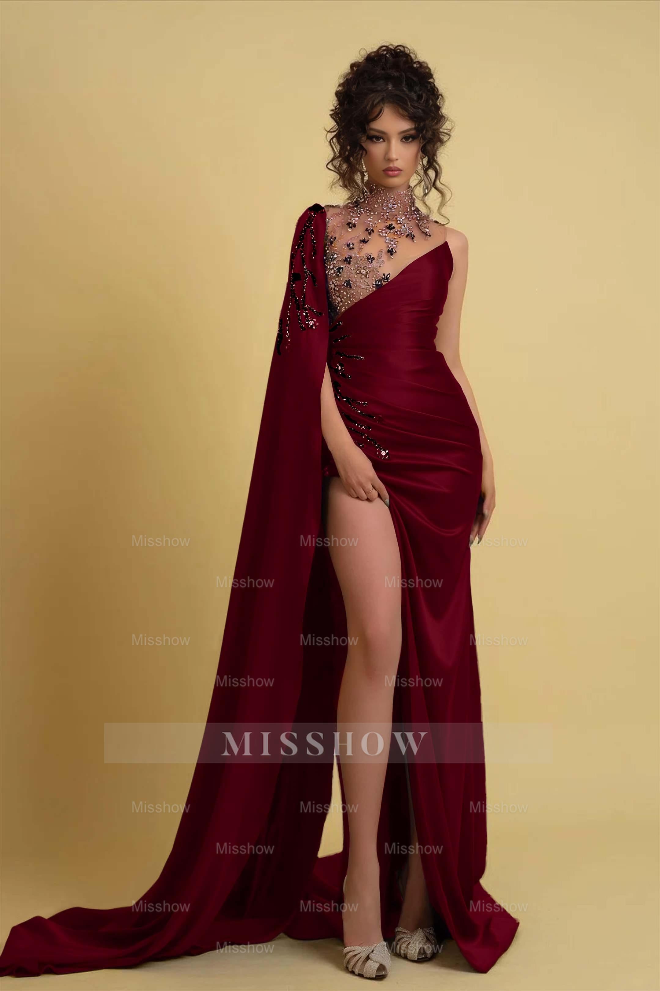 High Neck Formal Dress Regency One Shoulder With Ruched Beads