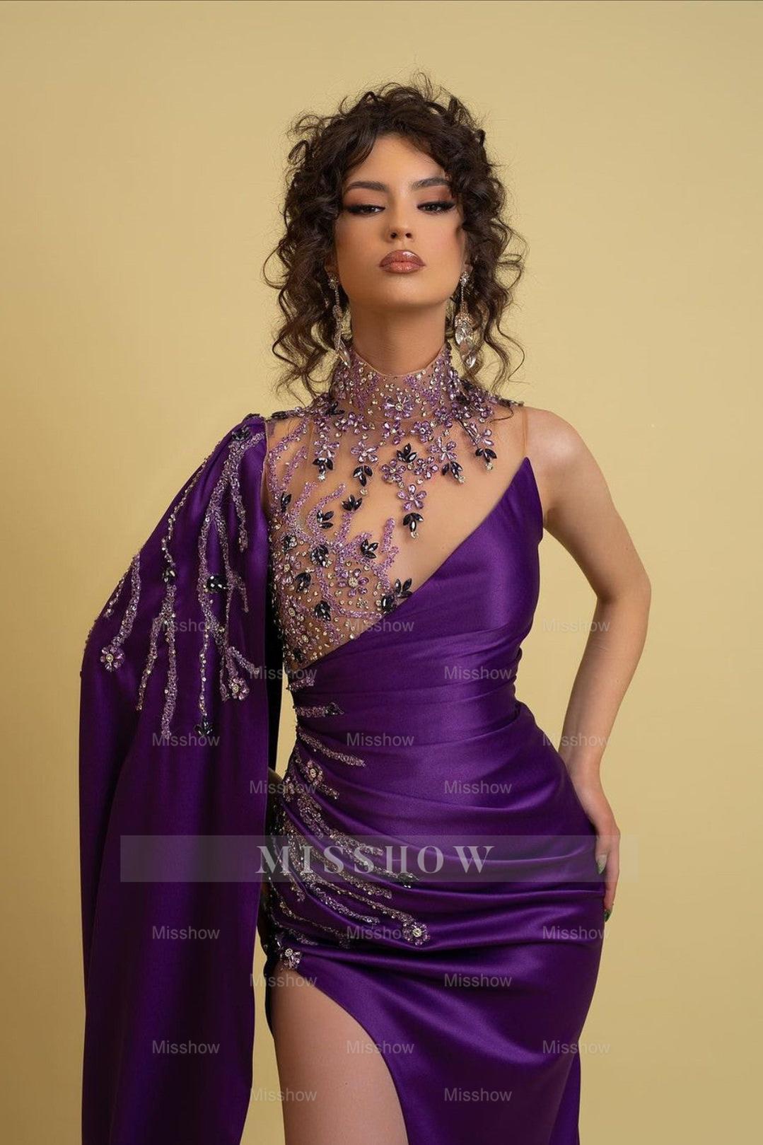 High Neck Formal Dress Regency One Shoulder With Ruched Beads