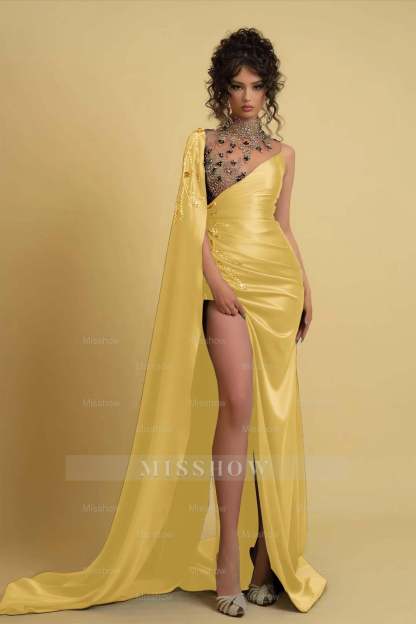 High Neck Formal Dress Regency One Shoulder With Ruched Beads