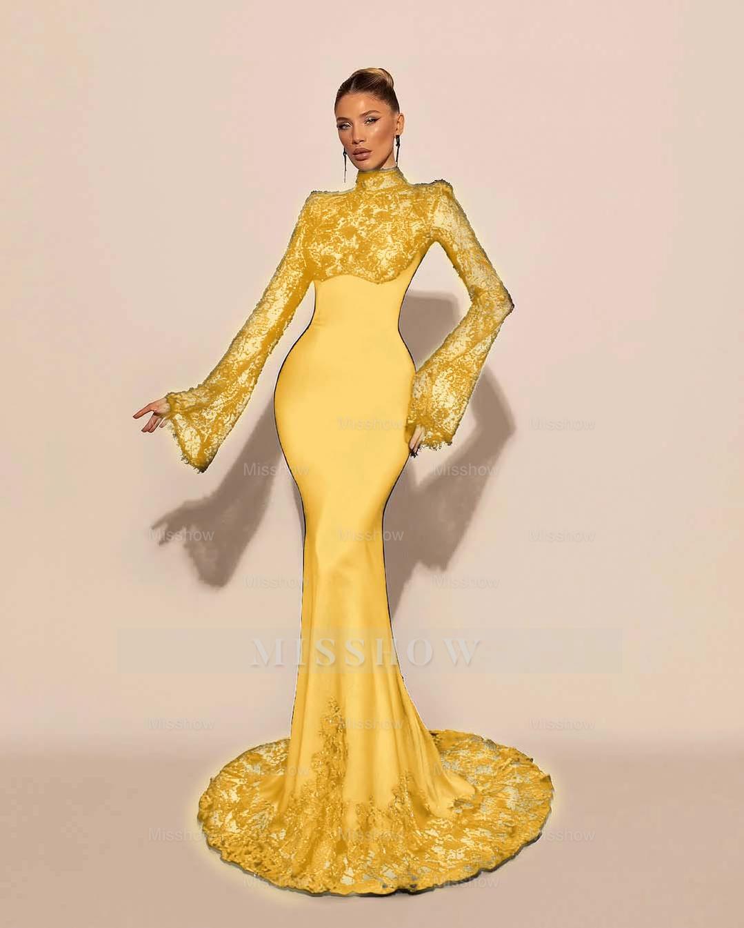 High Neck Lace Long Sleeves Long Mermaid Formal Dress With Pleated