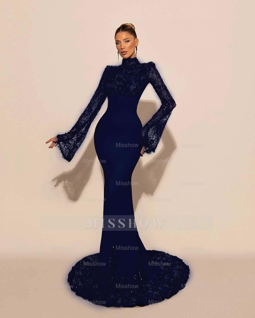 High Neck Lace Long Sleeves Long Mermaid Formal Dress With Pleated