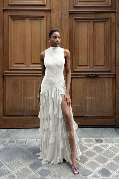 High Neck Sleeveless Long Mermaid Formal Dress With Split Ruffles