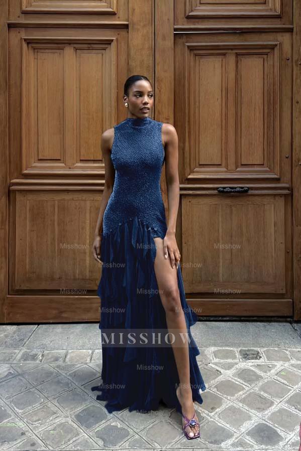 High Neck Sleeveless Long Mermaid Formal Dress With Split Ruffles