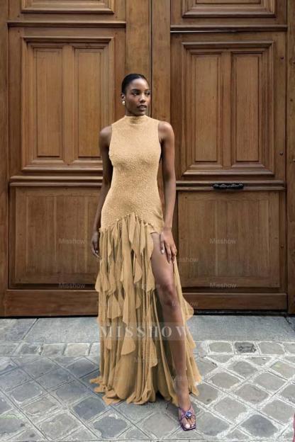 High Neck Sleeveless Long Mermaid Formal Dress With Split Ruffles