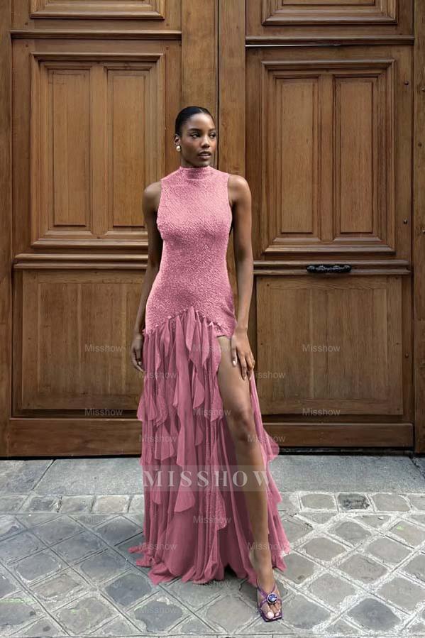 High Neck Sleeveless Long Mermaid Formal Dress With Split Ruffles