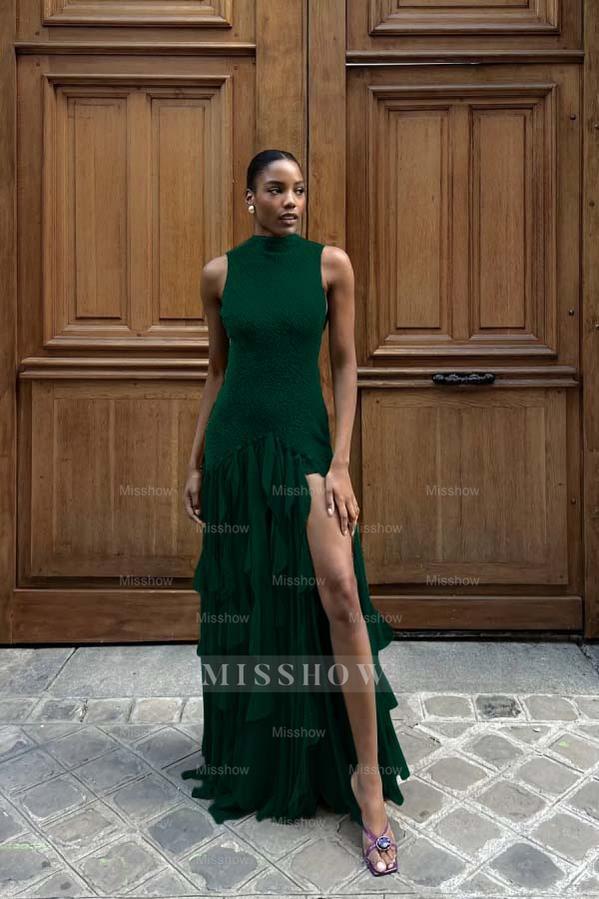 High Neck Sleeveless Long Mermaid Formal Dress With Split Ruffles