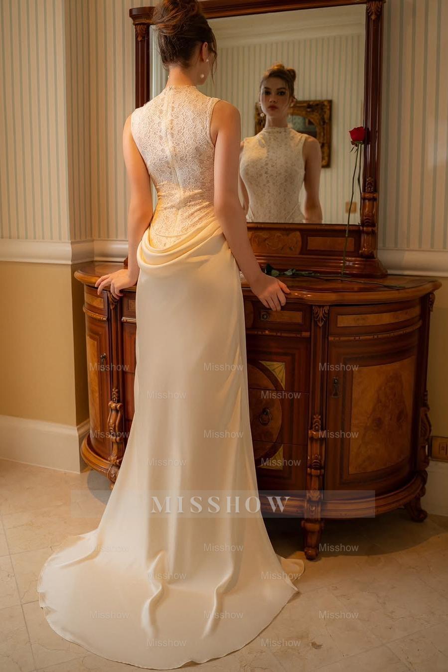 High Neck Sleeveless Mermaid Formal Dress With Lace Embroidery