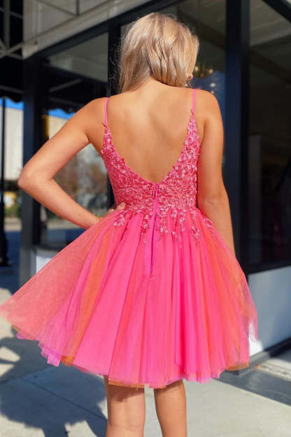 Hot Pink Spaghetti Straps A Line Tulle Short Cocktail Dress
