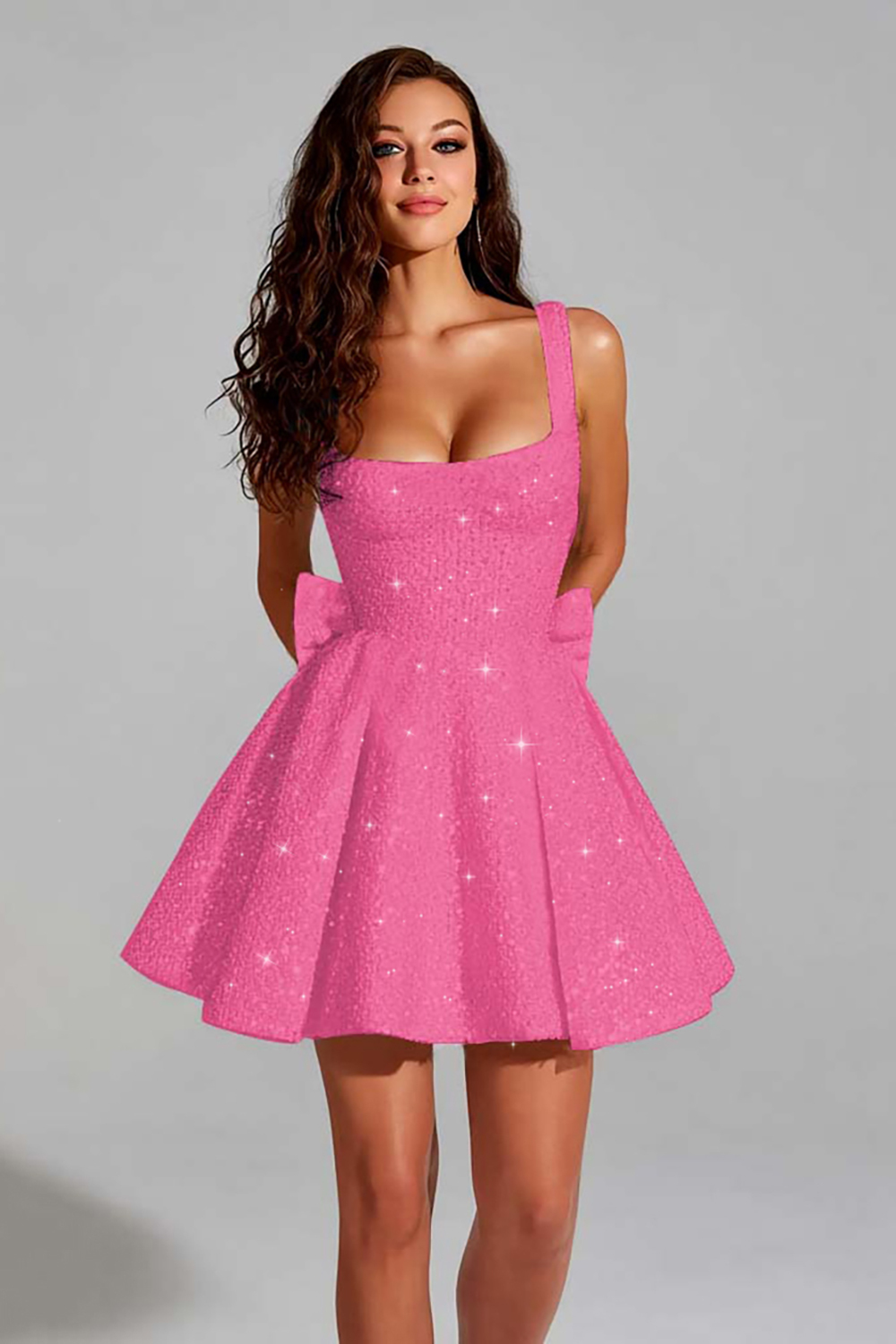 Sparkly Black A Line Square Neck Short Cocktail Dress With Bow