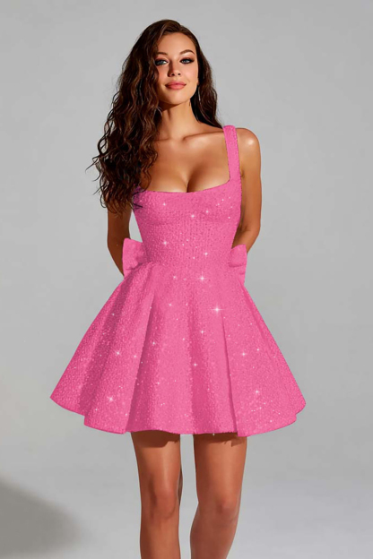 Sparkly Black A Line Square Neck Short Cocktail Dress With Bow