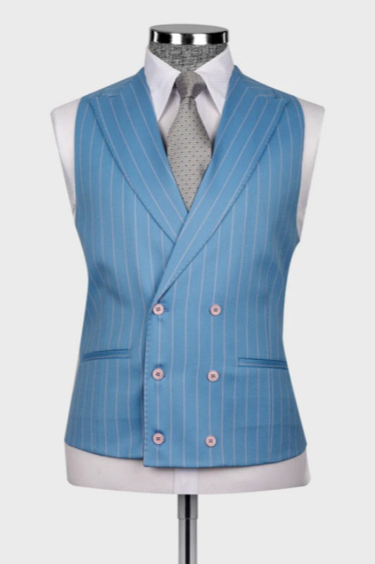 Ocean Blue Striped Peaked Lapel Three-Piece Men's Business Suit
