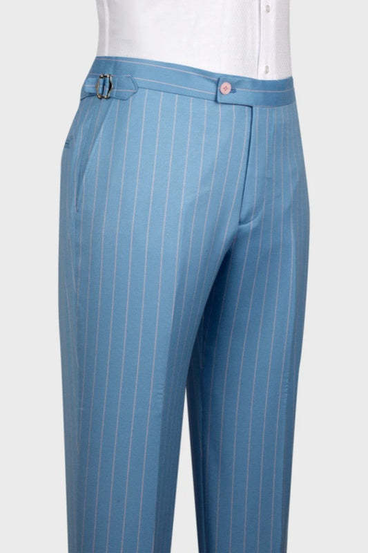 Ocean Blue Striped Peaked Lapel Three-Piece Men's Business Suit