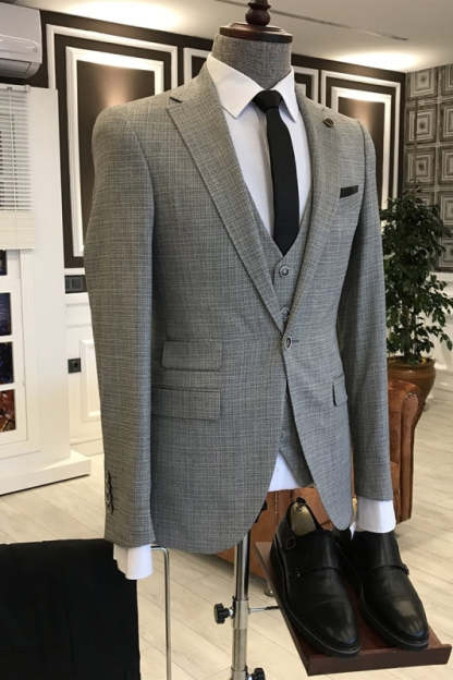 Formal Gray Three-Piece Notched Lapel Men's Business Suit