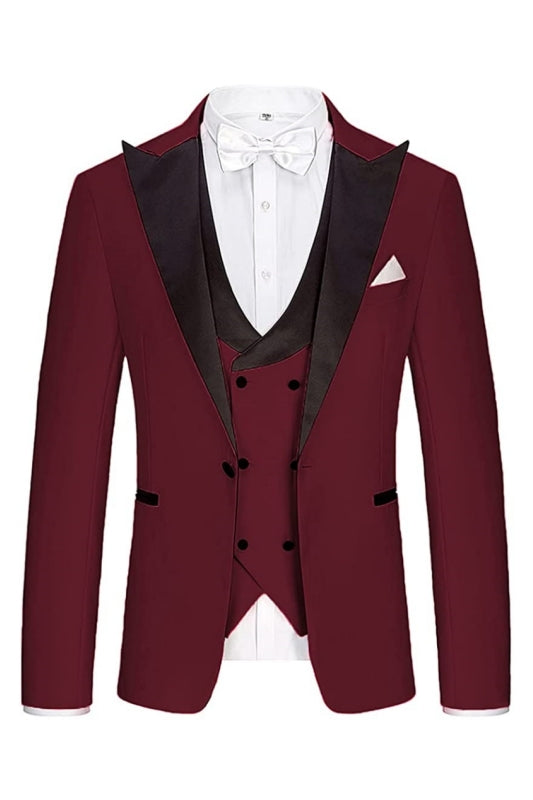 Fashionable Burgundy Three-Piece Peaked Lapel Prom Ensemble