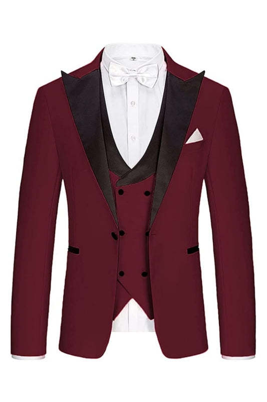Fashionable Burgundy Three-Piece Peaked Lapel Prom Ensemble