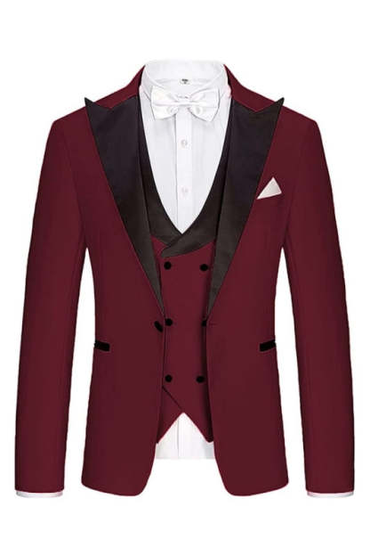 Fashionable Burgundy Three-Piece Peaked Lapel Prom Ensemble