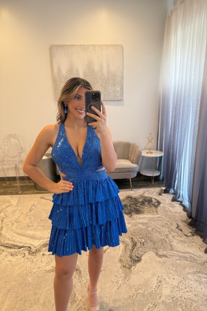 Sparkly Black A Line Short Beaded Cocktail Dress With Ruffles