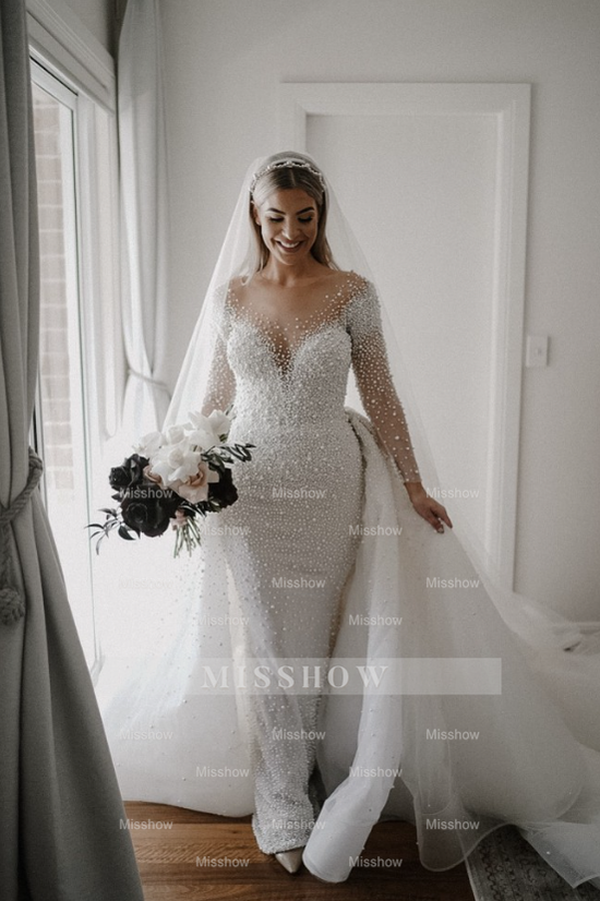 Ivory Long Sleeves Despatchable Train V-neck Button Wedding Dress with Fully coverd Pearls