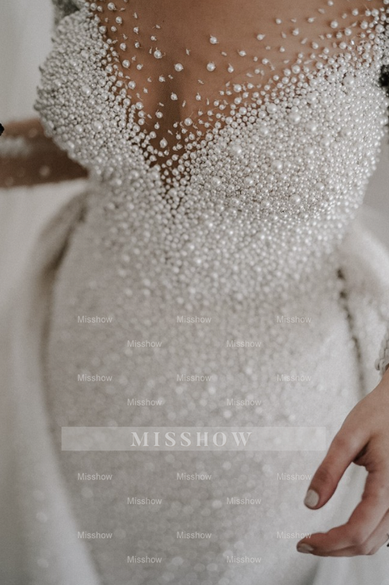 Ivory Long Sleeves Despatchable Train V-neck Button Wedding Dress with Fully coverd Pearls