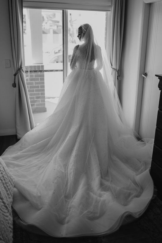 Ivory Long Sleeves Despatchable Train V-neck Button Wedding Dress with Fully coverd Pearls