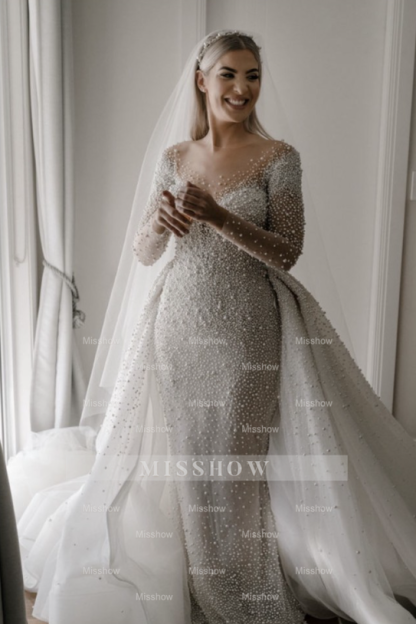 Ivory Long Sleeves Despatchable Train V-neck Button Wedding Dress with Fully coverd Pearls