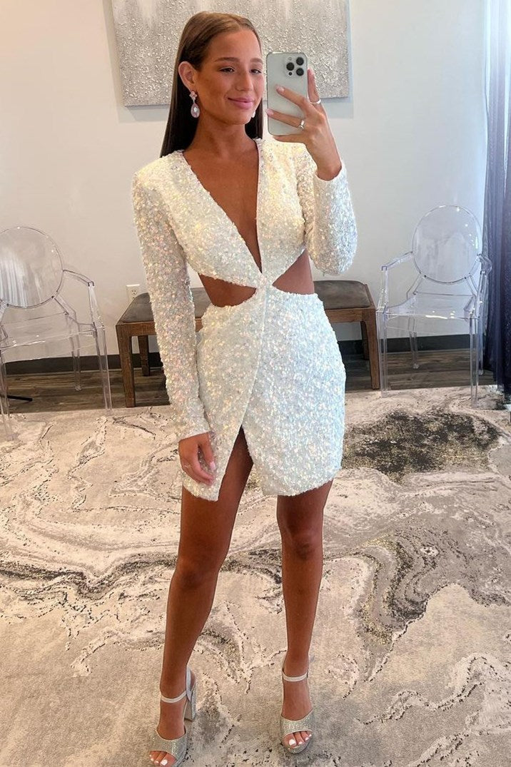 Sparkly Sheath Deep V Neck White Sequins Short Cocktail Dress With Keyhole