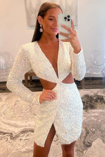 Sparkly Sheath Deep V Neck White Sequins Short Cocktail Dress With Keyhole