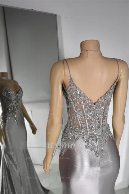 Ivory Spaghetti Strap Sleeveless Pleated Mermaid Long Formal Dress With Appliques