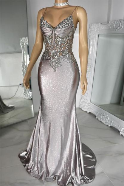 Ivory Spaghetti Strap Sleeveless Pleated Mermaid Long Formal Dress With Appliques