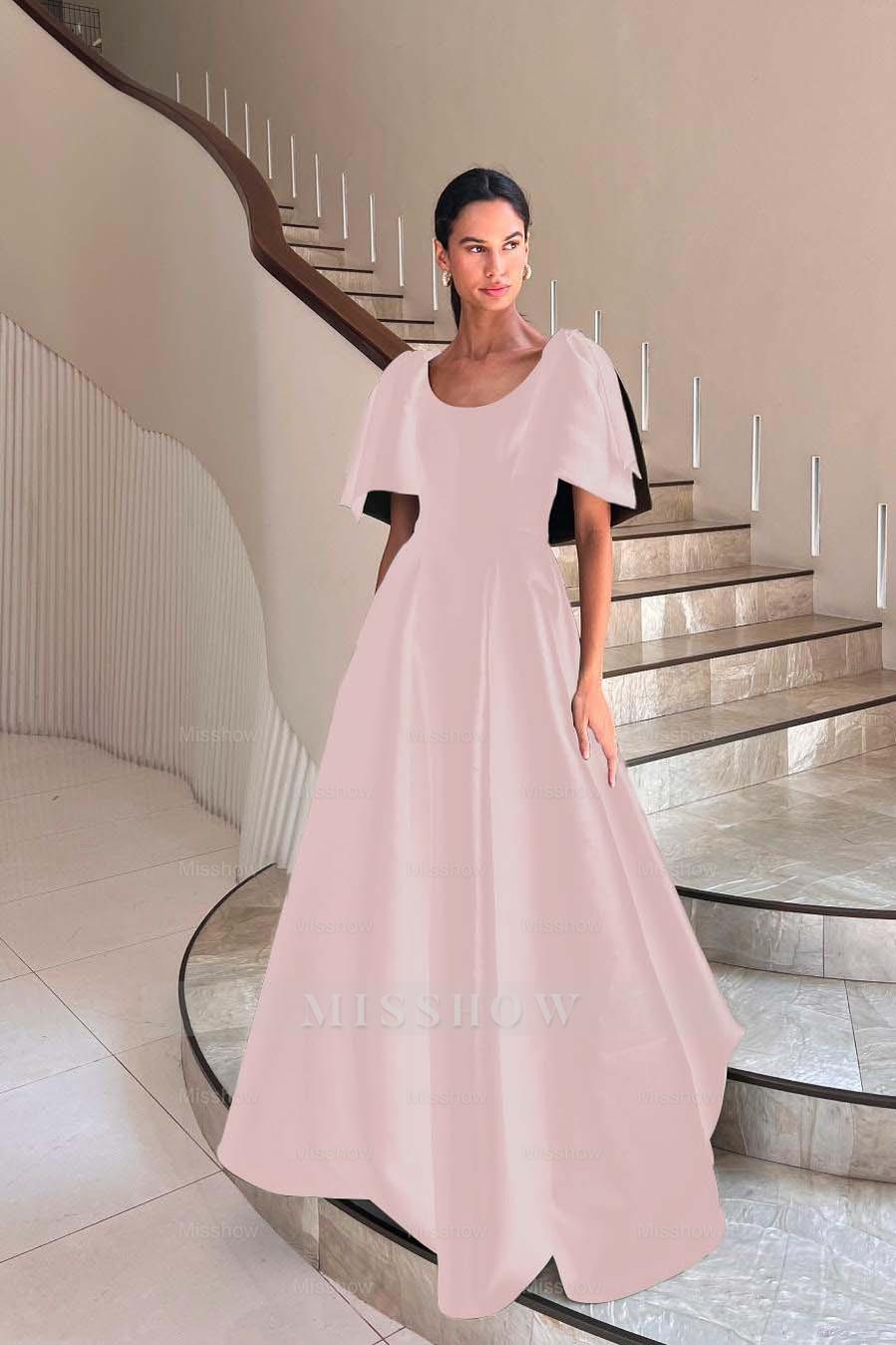 Jewel Neck Short Sleeves Long A Line Formal Dress With Pleated