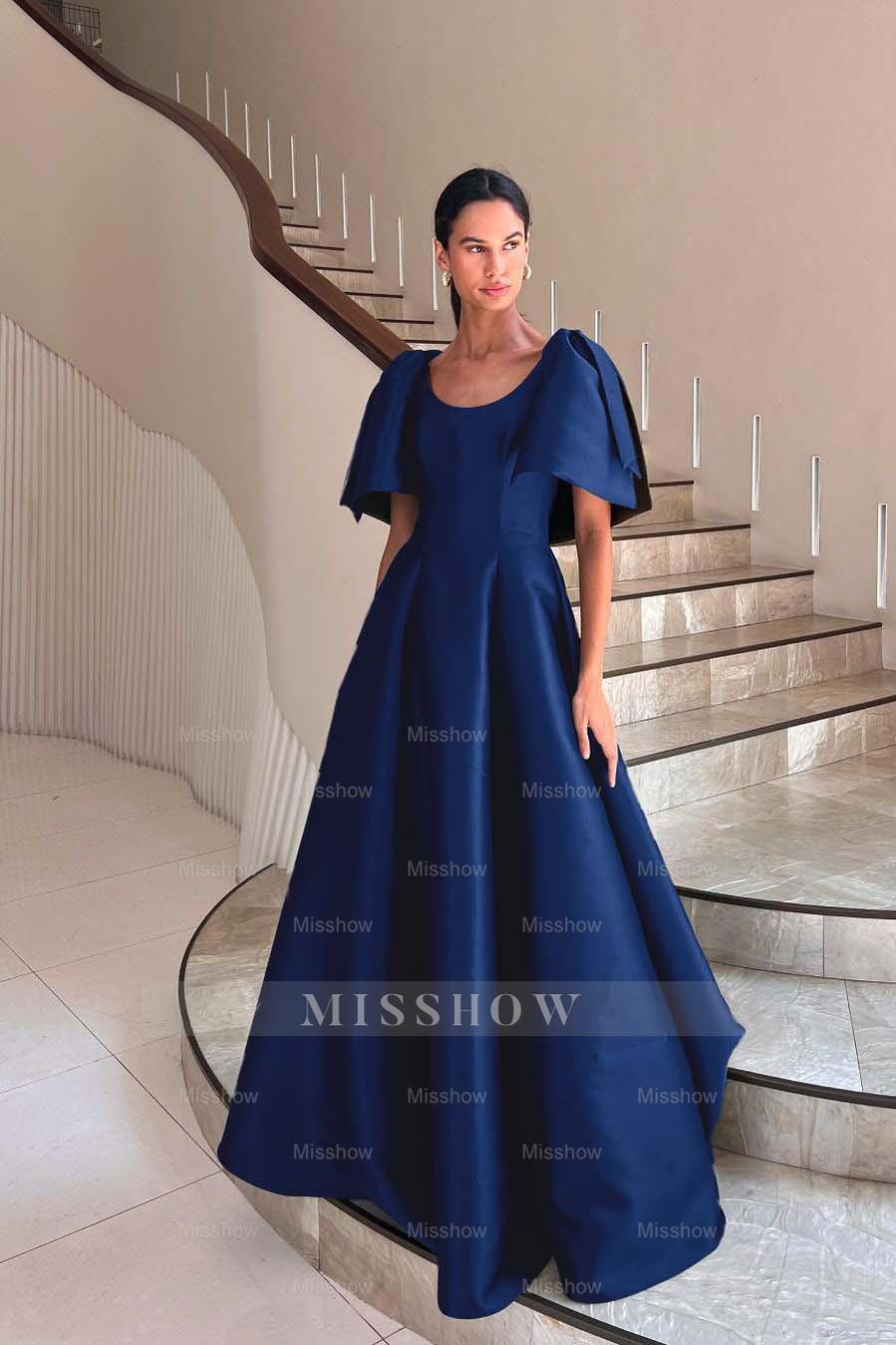 Jewel Neck Short Sleeves Long A Line Formal Dress With Pleated