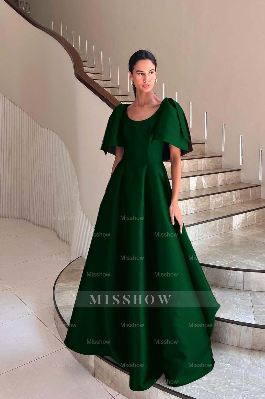 Jewel Neck Short Sleeves Long A Line Formal Dress With Pleated