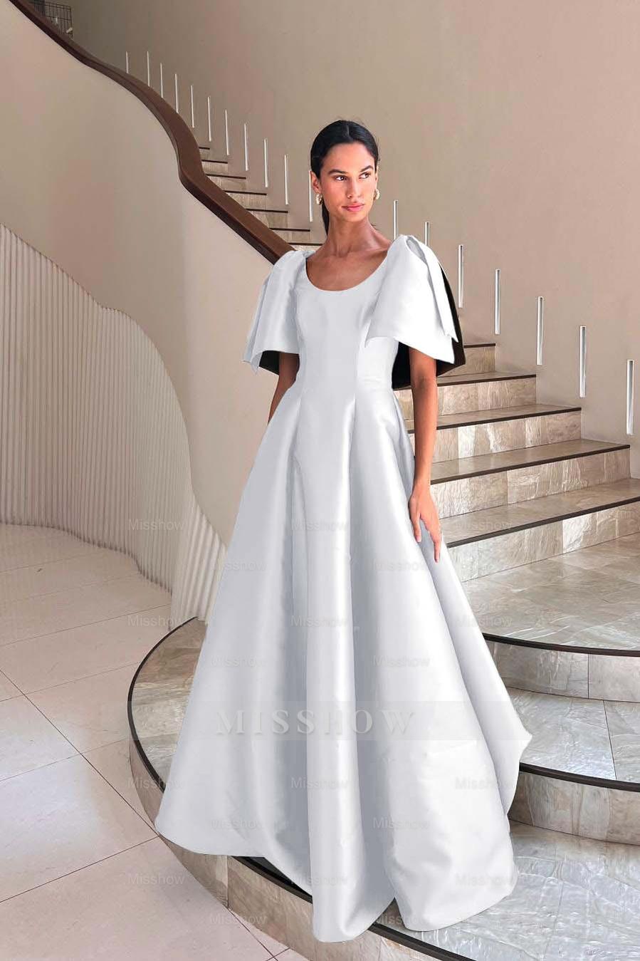 Jewel Neck Short Sleeves Long A Line Formal Dress With Pleated