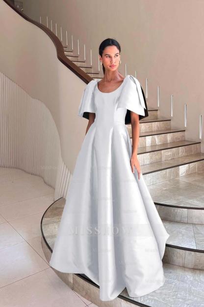 Jewel Neck Short Sleeves Long A Line Formal Dress With Pleated