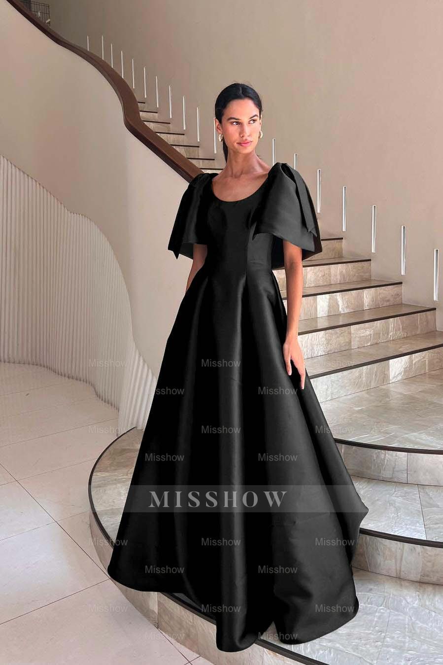 Jewel Neck Short Sleeves Long A Line Formal Dress With Pleated