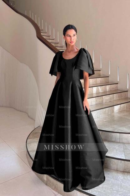 Jewel Neck Short Sleeves Long A Line Formal Dress With Pleated