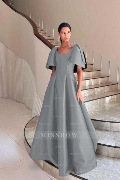 Jewel Neck Short Sleeves Long A Line Formal Dress With Pleated