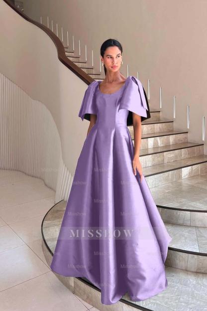 Jewel Neck Short Sleeves Long A Line Formal Dress With Pleated