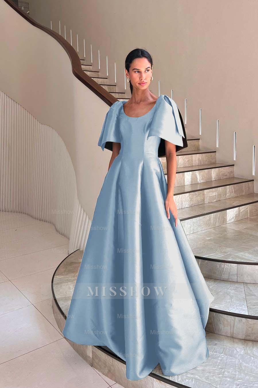 Jewel Neck Short Sleeves Long A Line Formal Dress With Pleated