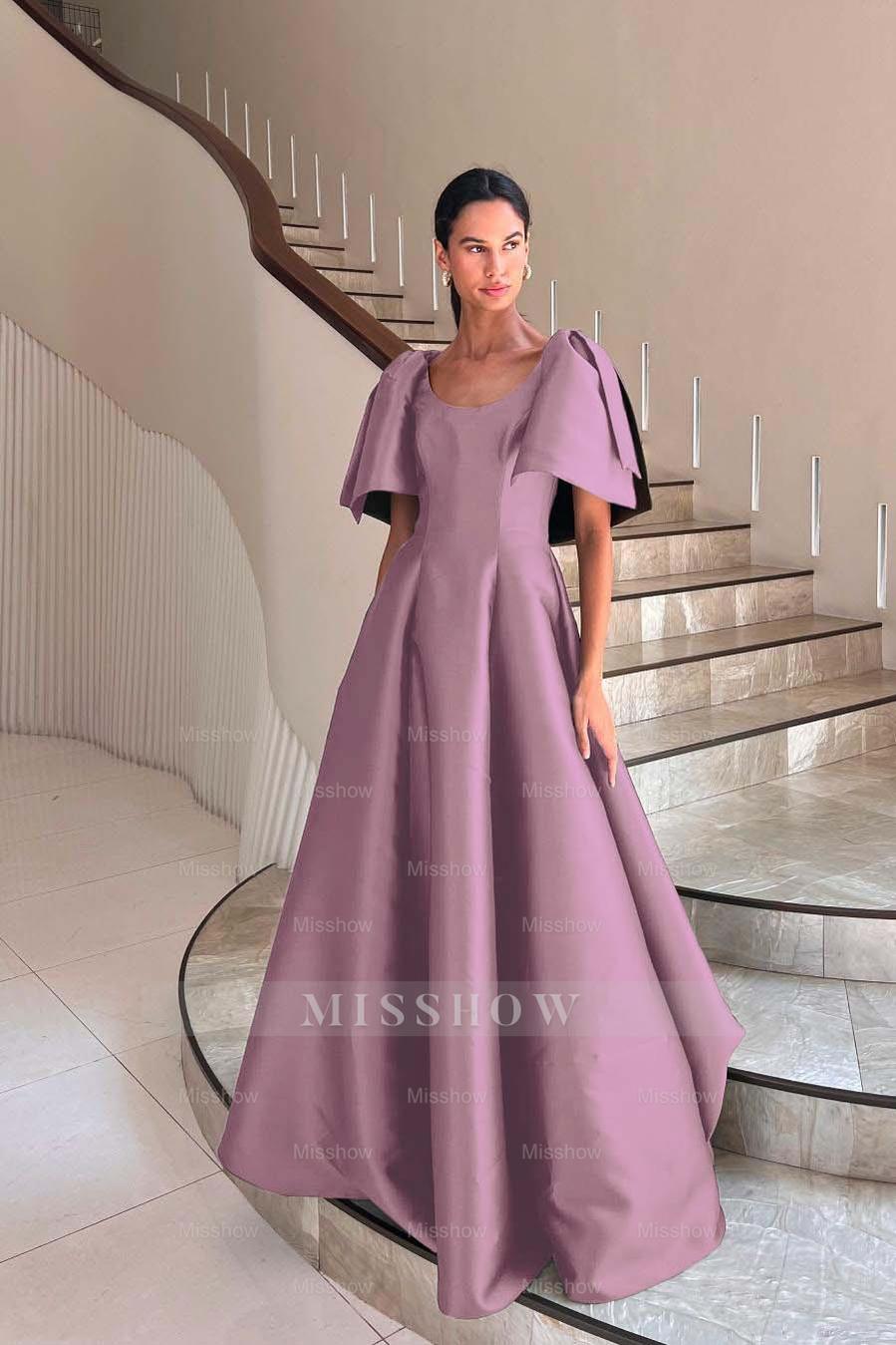 Jewel Neck Short Sleeves Long A Line Formal Dress With Pleated
