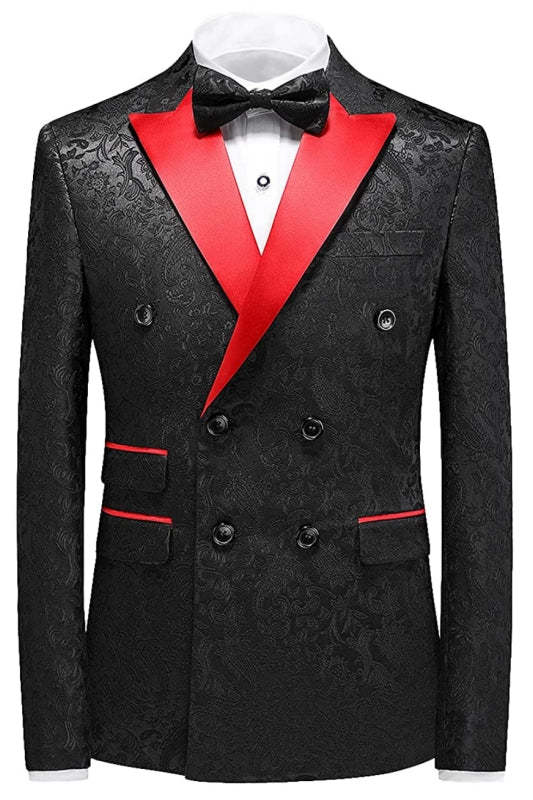 Formal Black Jacquard Double-Breasted Three-Piece Prom Ensemble