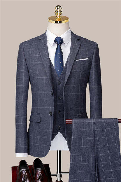 Gray Three-Piece Plaid Notch Lapel Custom Business Suit