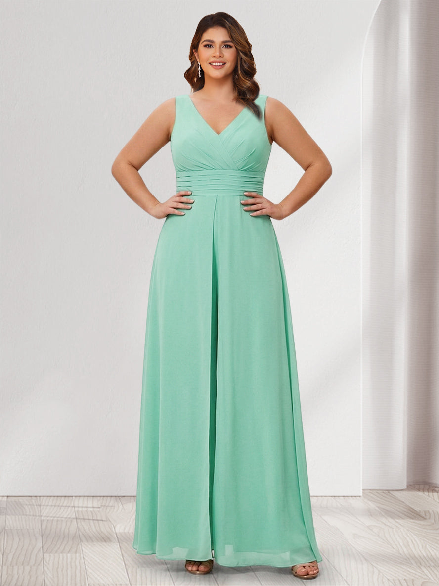Jumpsuit V Neck Sleeveless Chiffon Plus Size Bridesmaid Dresses with Split Side