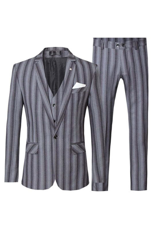 Bespoke Gray Striped Three-Piece Notched Lapel Business Suit